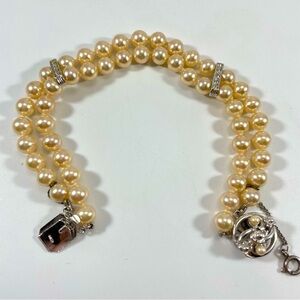 Vintage 925 Sterling Silver Glass Pearls Bridal Elegant Bracelet Rhinestones